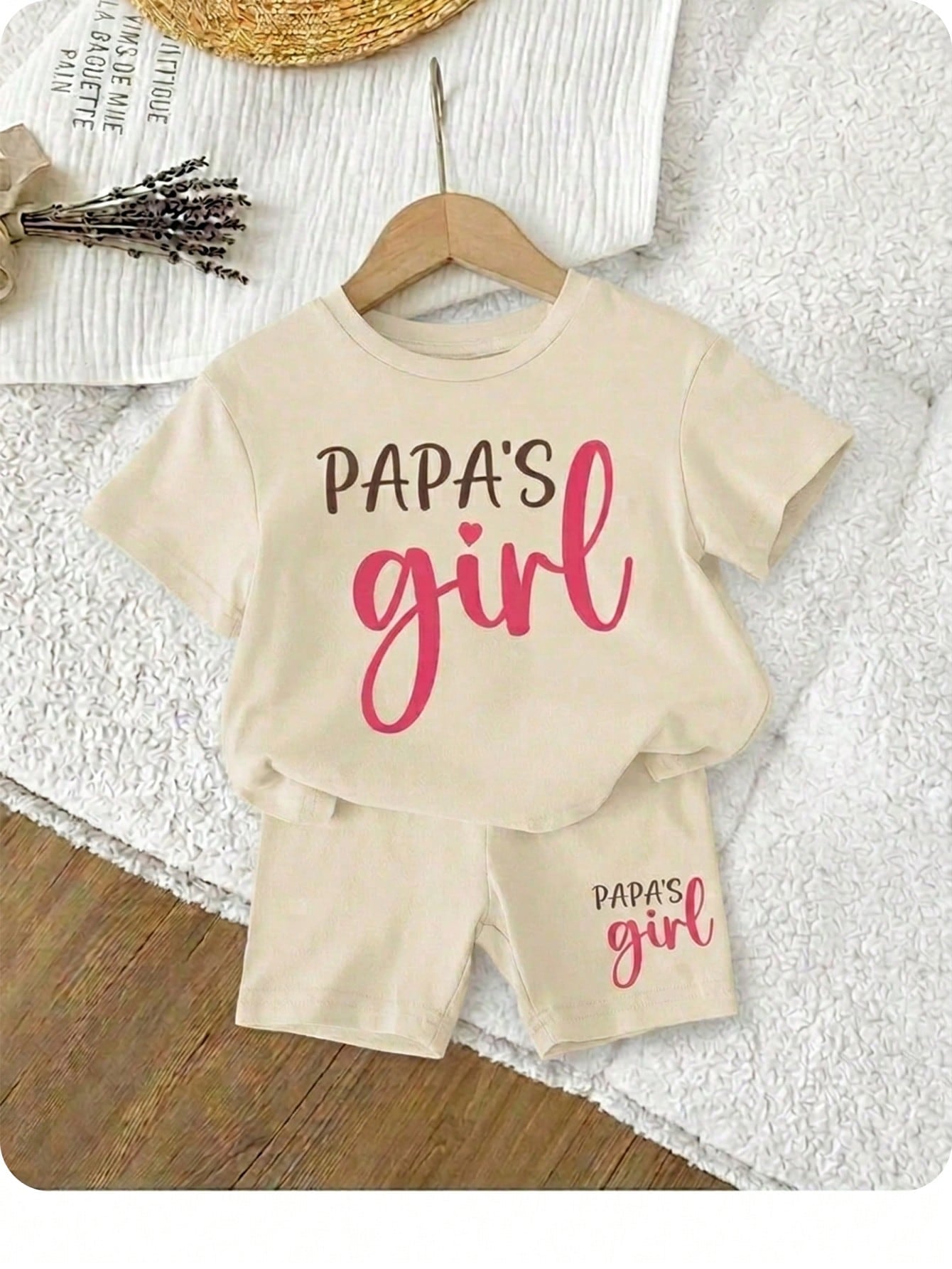 Happikins Baby Girl Casual Minimalist Letter Print Short Sleeve Top & Shorts Set, 100% Cotton, Suitable For Summer