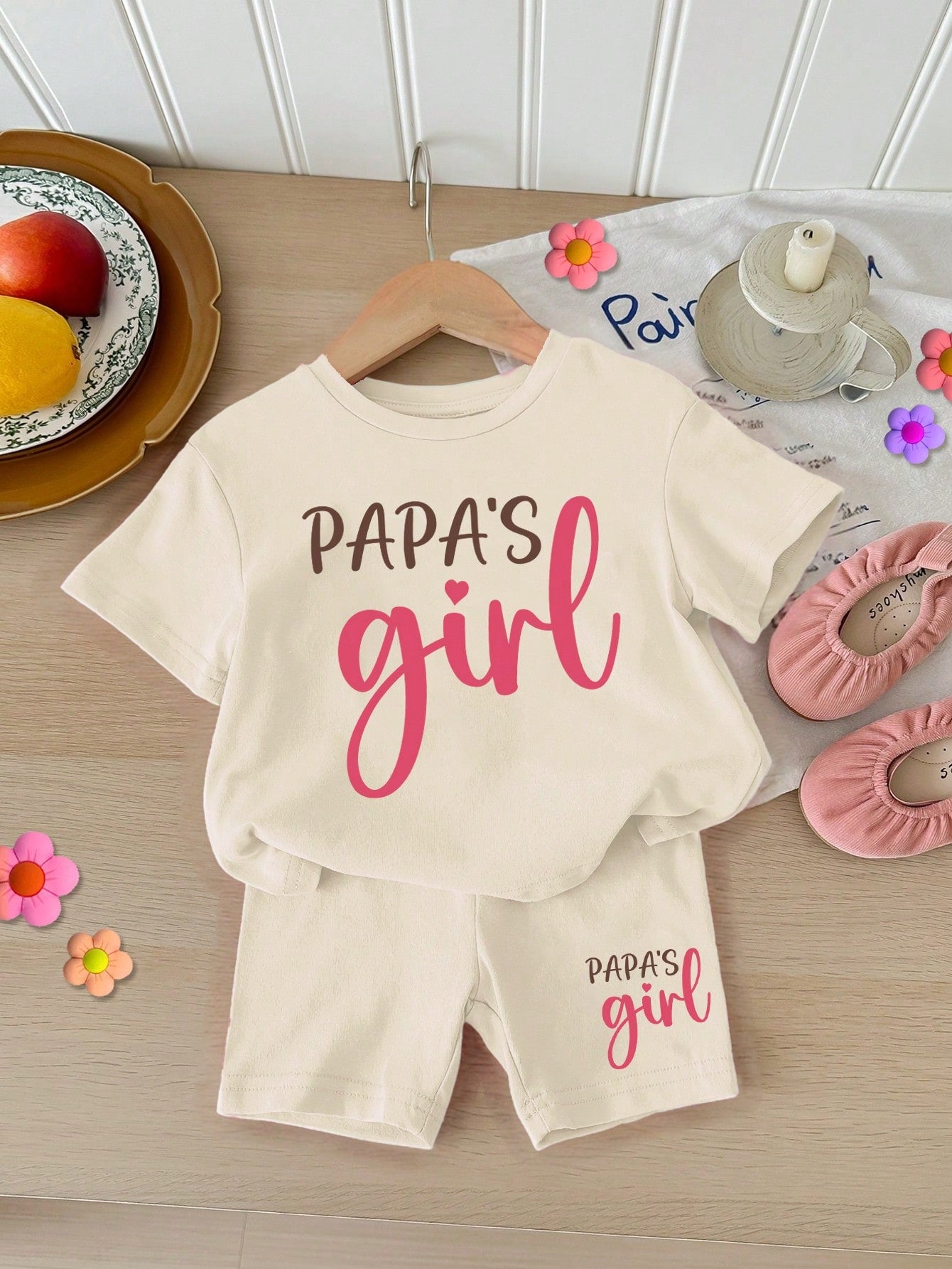 Happikins Baby Girl Casual Minimalist Letter Print Short Sleeve Top & Shorts Set, 100% Cotton, Suitable For Summer