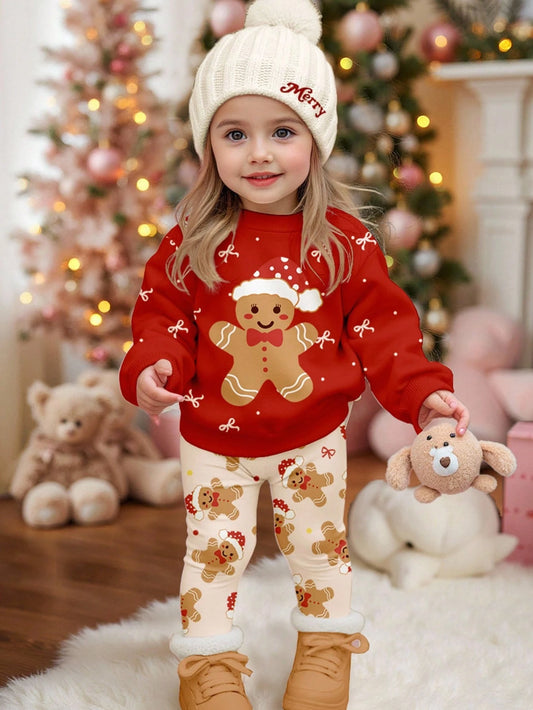 Happikins Red Autumn Cute Modest Matching Family Baby Girls Christmas Gingerbread Man & Bow Print Sweatshirt,Thick Soft Long Sleeve Winter Top