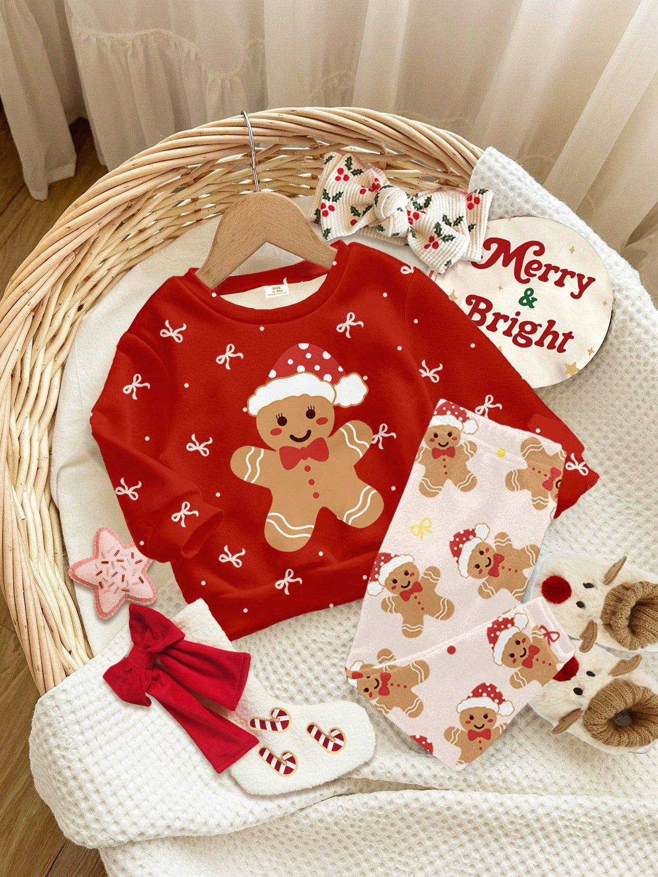Happikins Red Autumn Cute Modest Matching Family Baby Girls Christmas Gingerbread Man & Bow Print Sweatshirt,Thick Soft Long Sleeve Winter Top