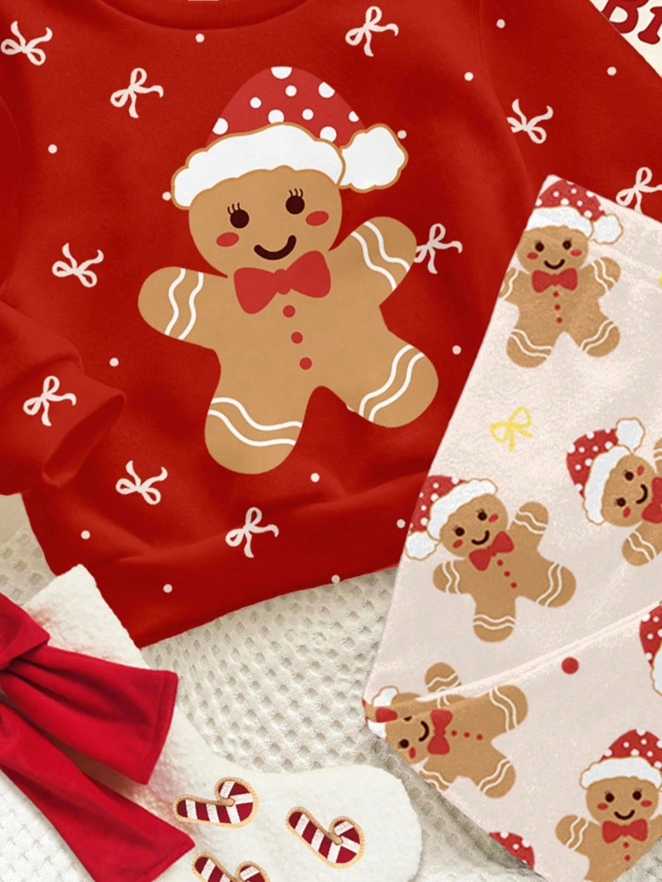 Happikins Red Autumn Cute Modest Matching Family Baby Girls Christmas Gingerbread Man & Bow Print Sweatshirt,Thick Soft Long Sleeve Winter Top