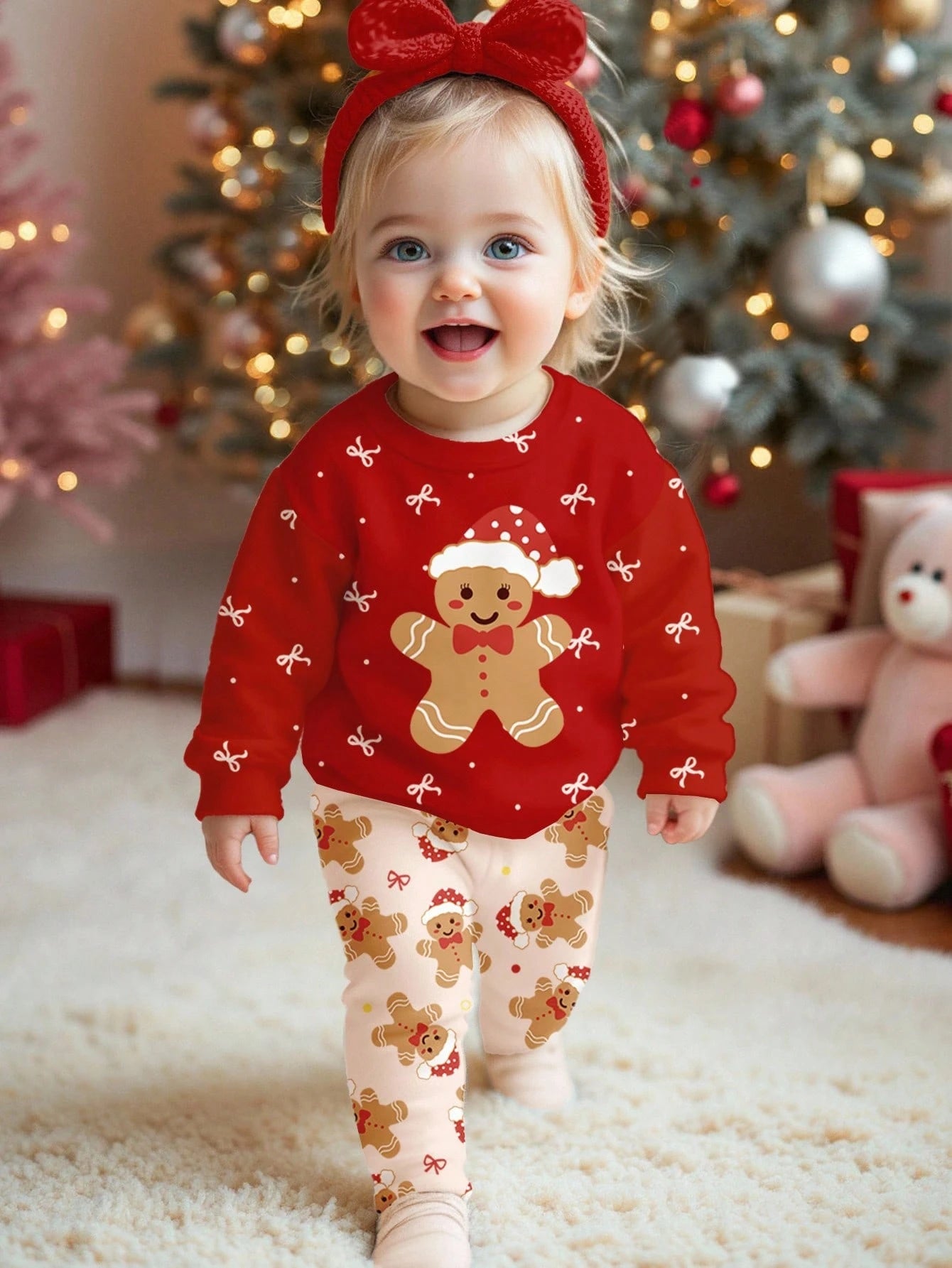 Happikins Red Autumn Cute Modest Matching Family Baby Girls Christmas Gingerbread Man & Bow Print Sweatshirt,Thick Soft Long Sleeve Winter Top