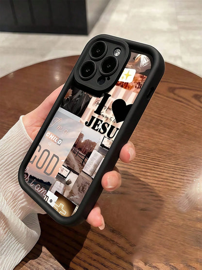 Heart Pattern TPU Black Shock-Proof Religious 1pc Romantic Landscape Patchwork Pattern Full Coverage Phone Case, Compatible With Apple Compatible With IPhone 16/15/14/13/12/11 Pro Max, And Series, Int