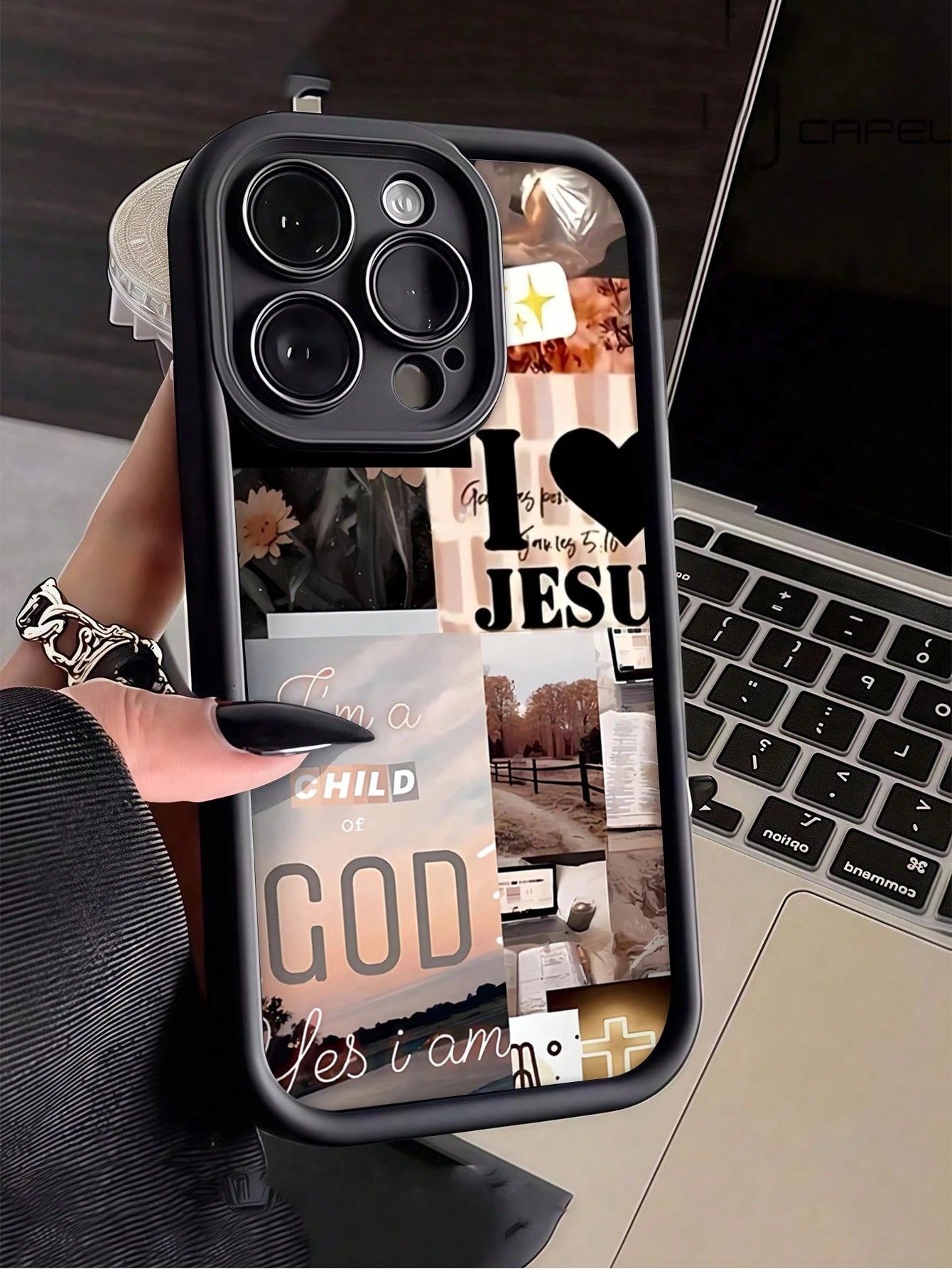 Heart Pattern TPU Black Shock-Proof Religious 1pc Romantic Landscape Patchwork Pattern Full Coverage Phone Case, Compatible With Apple Compatible With IPhone 16/15/14/13/12/11 Pro Max, And Series, Int