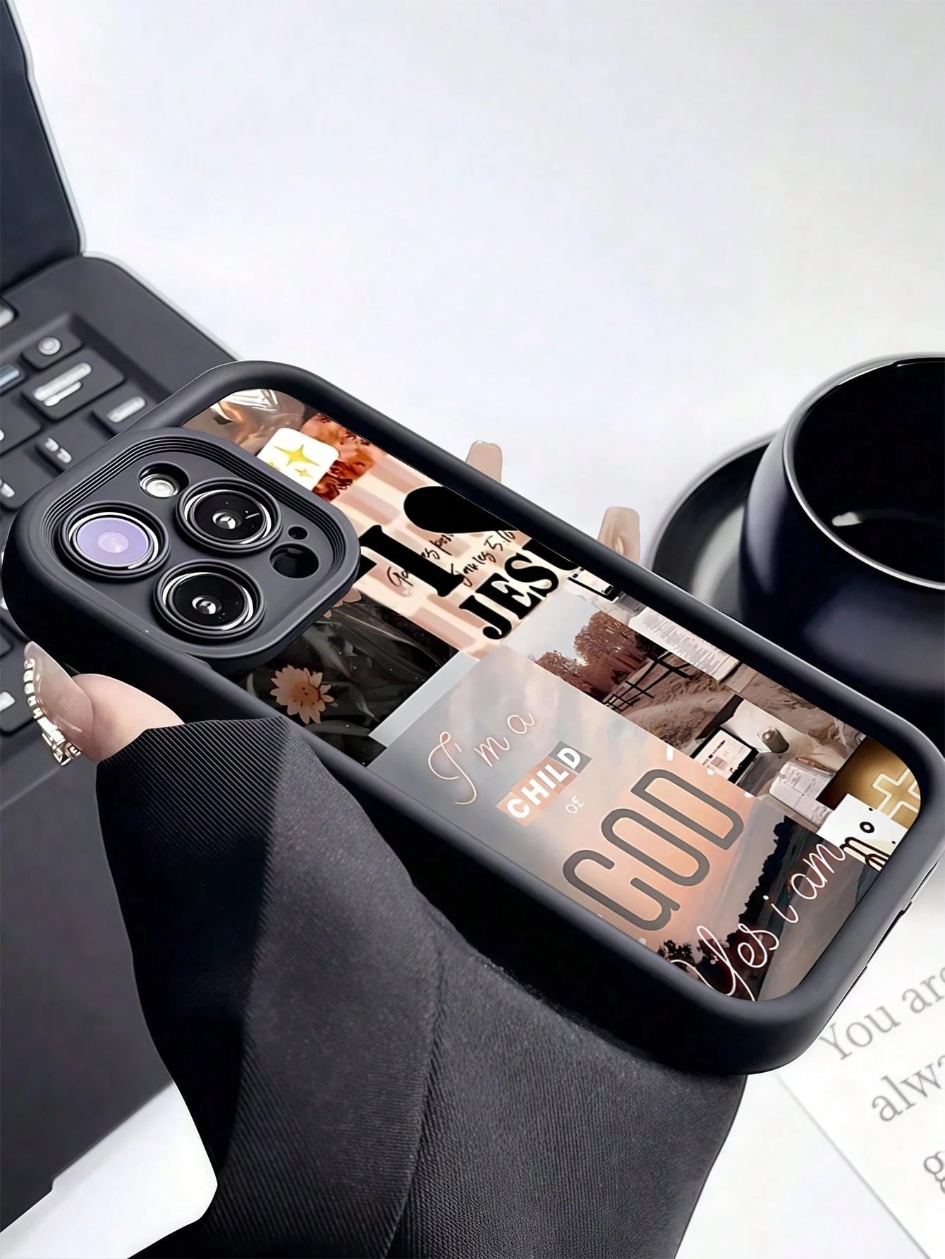 Heart Pattern TPU Black Shock-Proof Religious 1pc Romantic Landscape Patchwork Pattern Full Coverage Phone Case, Compatible With Apple Compatible With IPhone 16/15/14/13/12/11 Pro Max, And Series, Int