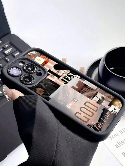 Heart Pattern TPU Black Shock-Proof Religious 1pc Romantic Landscape Patchwork Pattern Full Coverage Phone Case, Compatible With Apple Compatible With IPhone 16/15/14/13/12/11 Pro Max, And Series, Int