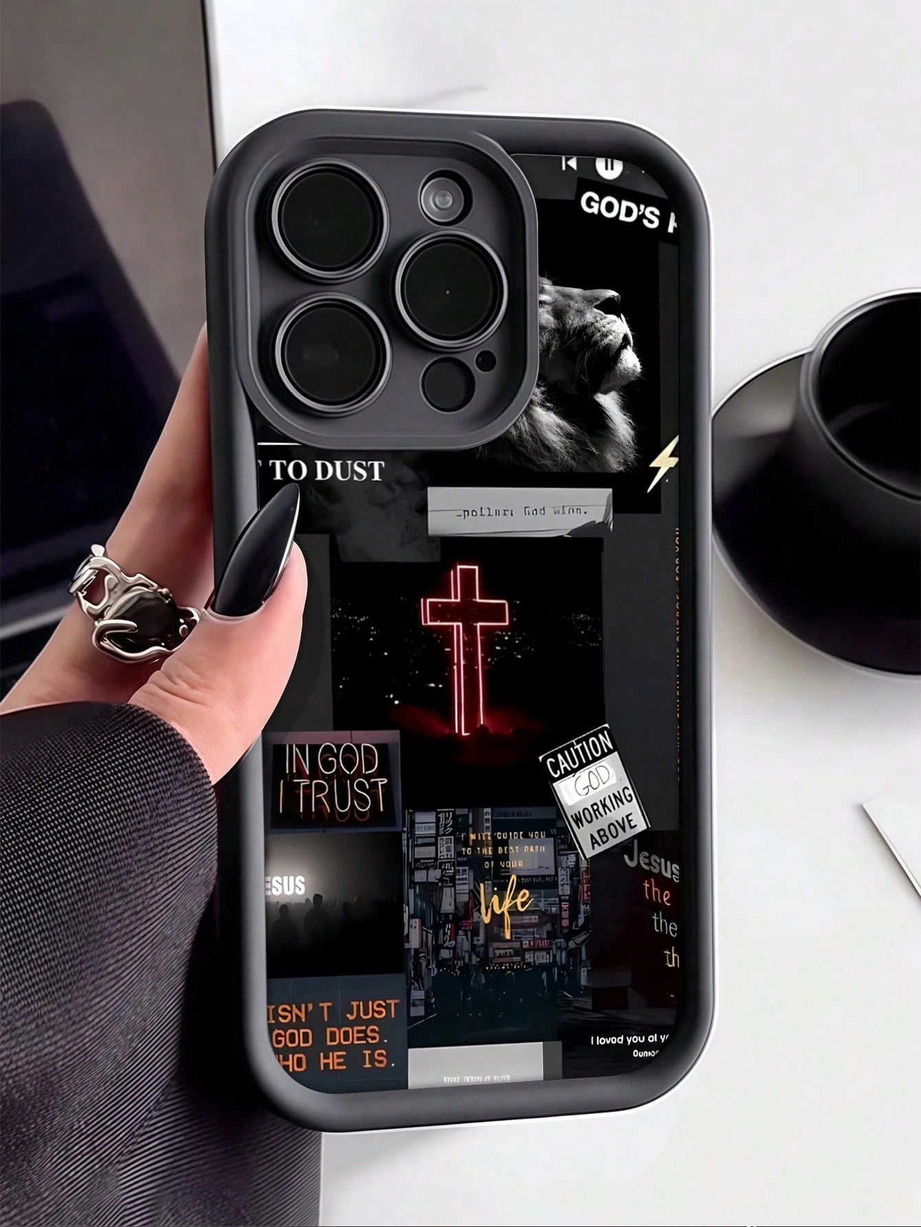 Heart Pattern TPU Black Shock-Proof Religious 1pc Romantic Landscape Patchwork Pattern Full Coverage Phone Case, Compatible With Apple Compatible With IPhone 16/15/14/13/12/11 Pro Max, And Series, Int
