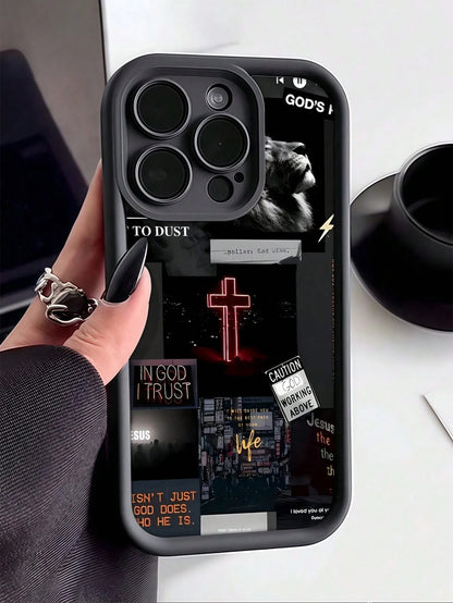 Heart Pattern TPU Black Shock-Proof Religious 1pc Romantic Landscape Patchwork Pattern Full Coverage Phone Case, Compatible With Apple Compatible With IPhone 16/15/14/13/12/11 Pro Max, And Series, Int
