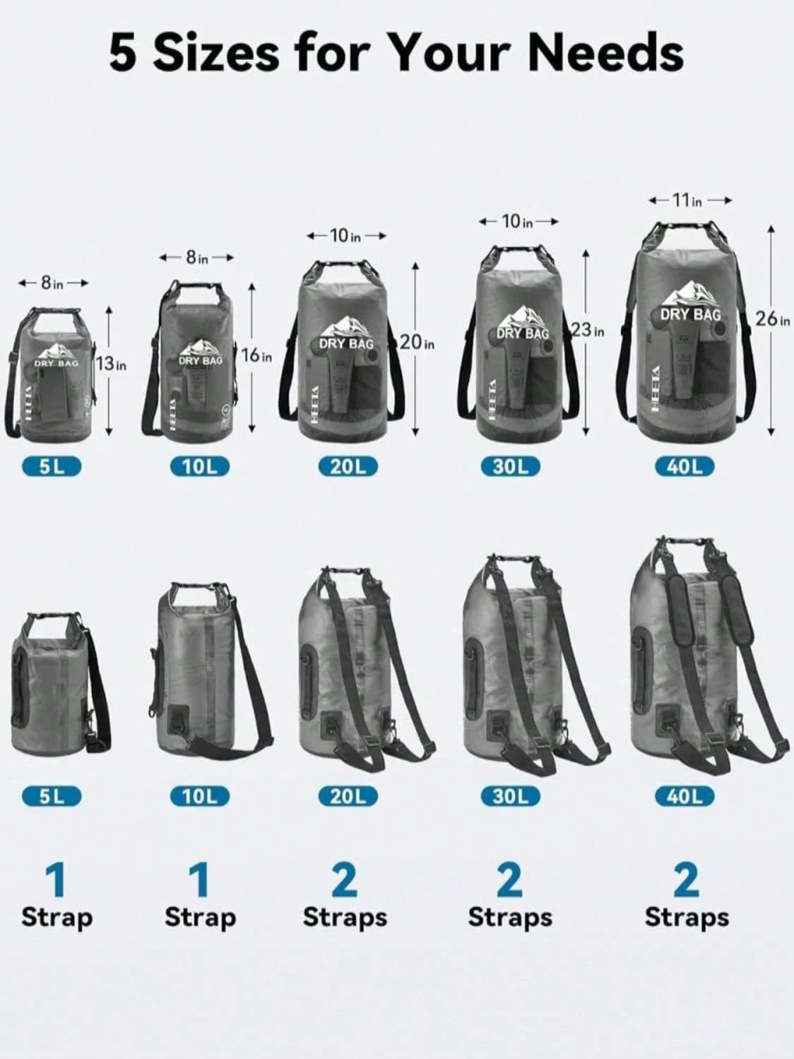 HEETA Dry Bag Waterproof For Women Men, 5L/10L/20L/30L/40L Roll Top Lightweight Dry Storage Bag Backpack With Phone Case For Travel Swimming Boating Kayaking Paddle Board Camping Beach Accessories