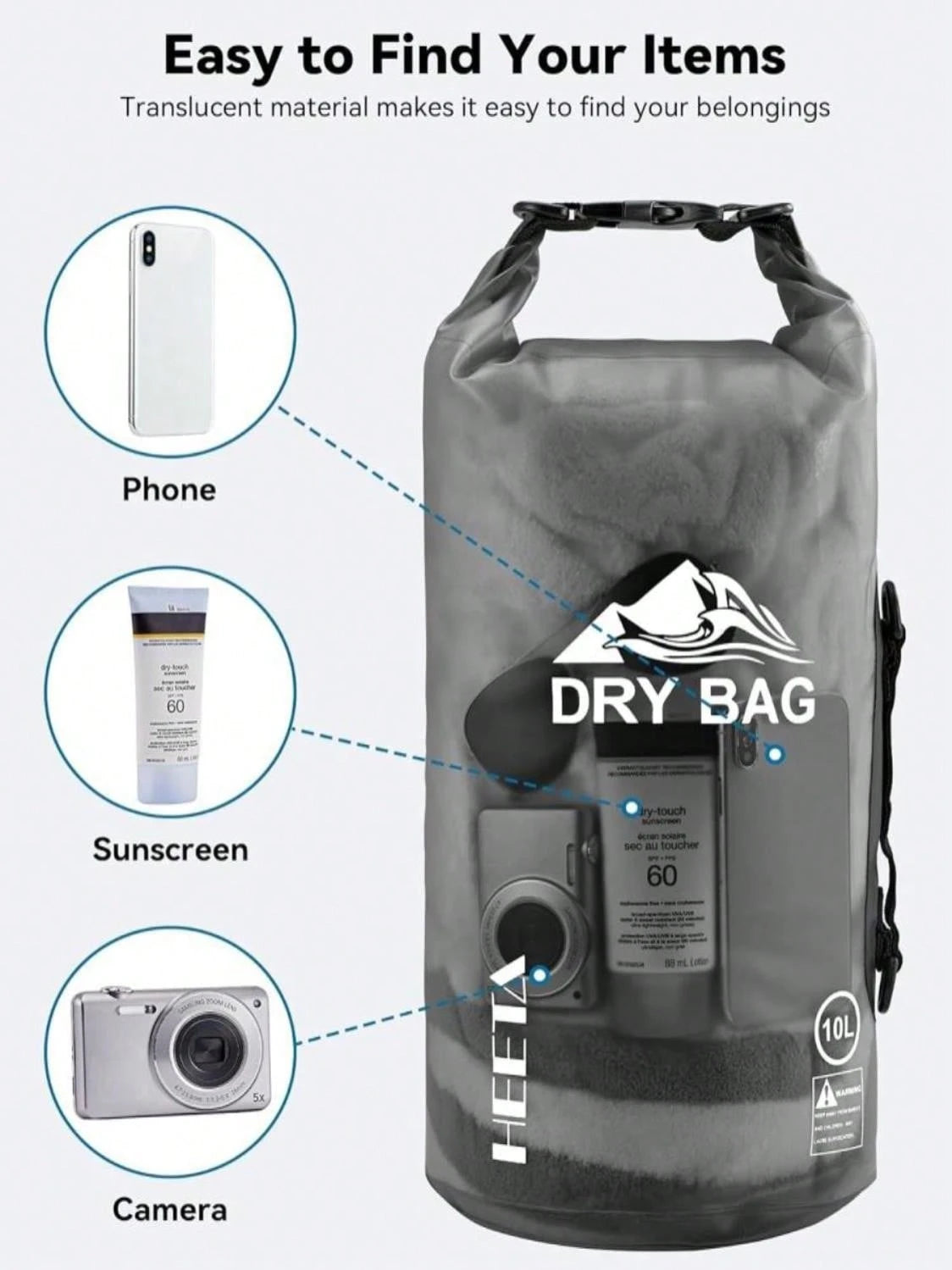 HEETA Dry Bag Waterproof For Women Men, 5L/10L/20L/30L/40L Roll Top Lightweight Dry Storage Bag Backpack With Phone Case For Travel Swimming Boating Kayaking Paddle Board Camping Beach Accessories