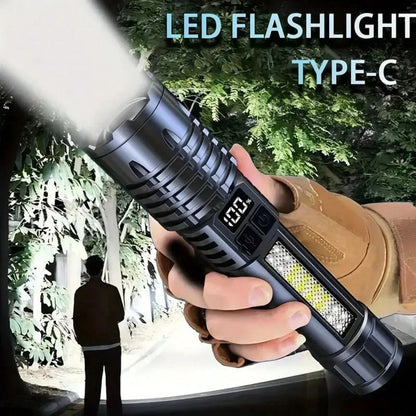 High-Brightness Rechargeable LED Tactical Flashlights, A Total Of 5 Modes, COB Side Lights, Adjustable Focus, USB C Interface, Suitable For Outdoor Adventure, Camping, Travel And Emergency, Bright Out