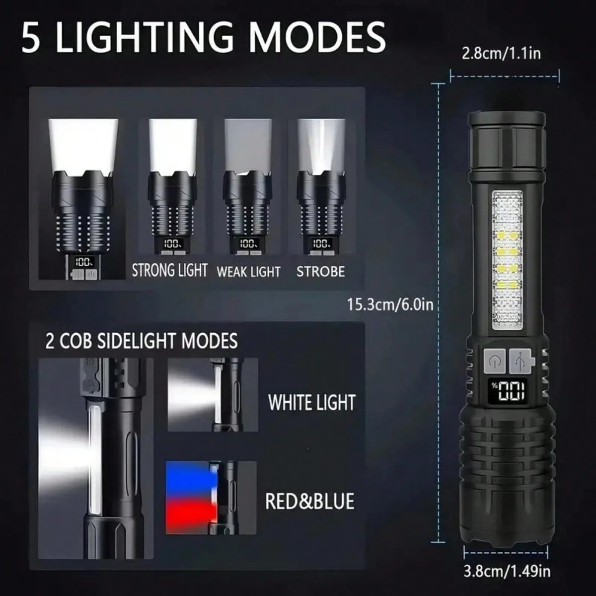 High-Brightness Rechargeable LED Tactical Flashlights, A Total Of 5 Modes, COB Side Lights, Adjustable Focus, USB C Interface, Suitable For Outdoor Adventure, Camping, Travel And Emergency, Bright Out