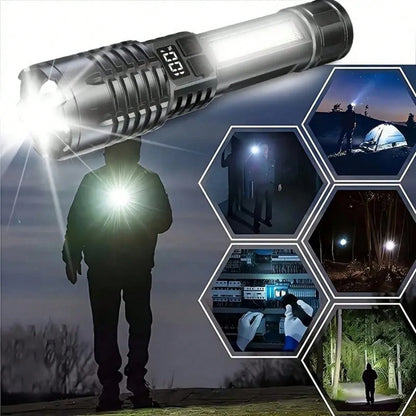 High-Brightness Rechargeable LED Tactical Flashlights, A Total Of 5 Modes, COB Side Lights, Adjustable Focus, USB C Interface, Suitable For Outdoor Adventure, Camping, Travel And Emergency, Bright Out