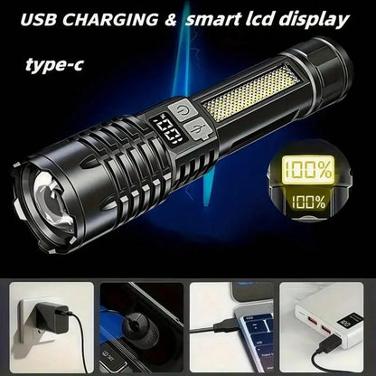 High-Brightness Rechargeable LED Tactical Flashlights, A Total Of 5 Modes, COB Side Lights, Adjustable Focus, USB C Interface, Suitable For Outdoor Adventure, Camping, Travel And Emergency, Bright Out