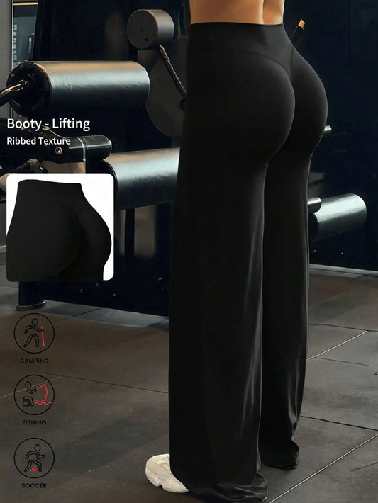 High Waist Booty Lifting Wide Leg Yoga Pants, V-Seam Scrunch Butt Flared Workout Leggings, 4-Way Stretch Skin-Friendly Casual Flare Pants For Gym