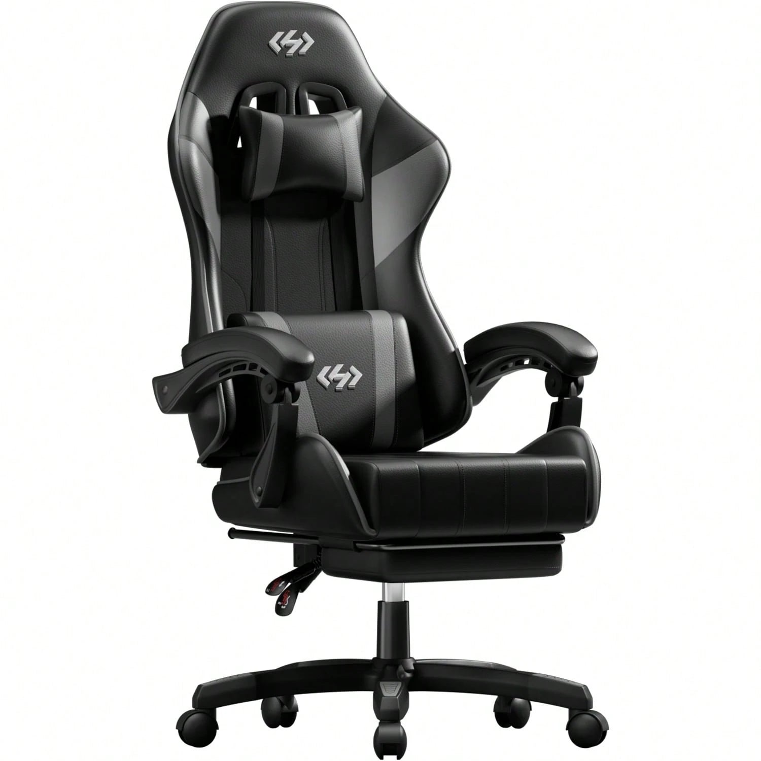 HLDIRECT Gaming Chair, Ergonomic Computer Office Chair With Lumbar Support Footrest Headrest, Adjustable Height & Backrest Angle Video Gamer Chair, PU Leather, 360° Swivel, Adult,Black And Gray