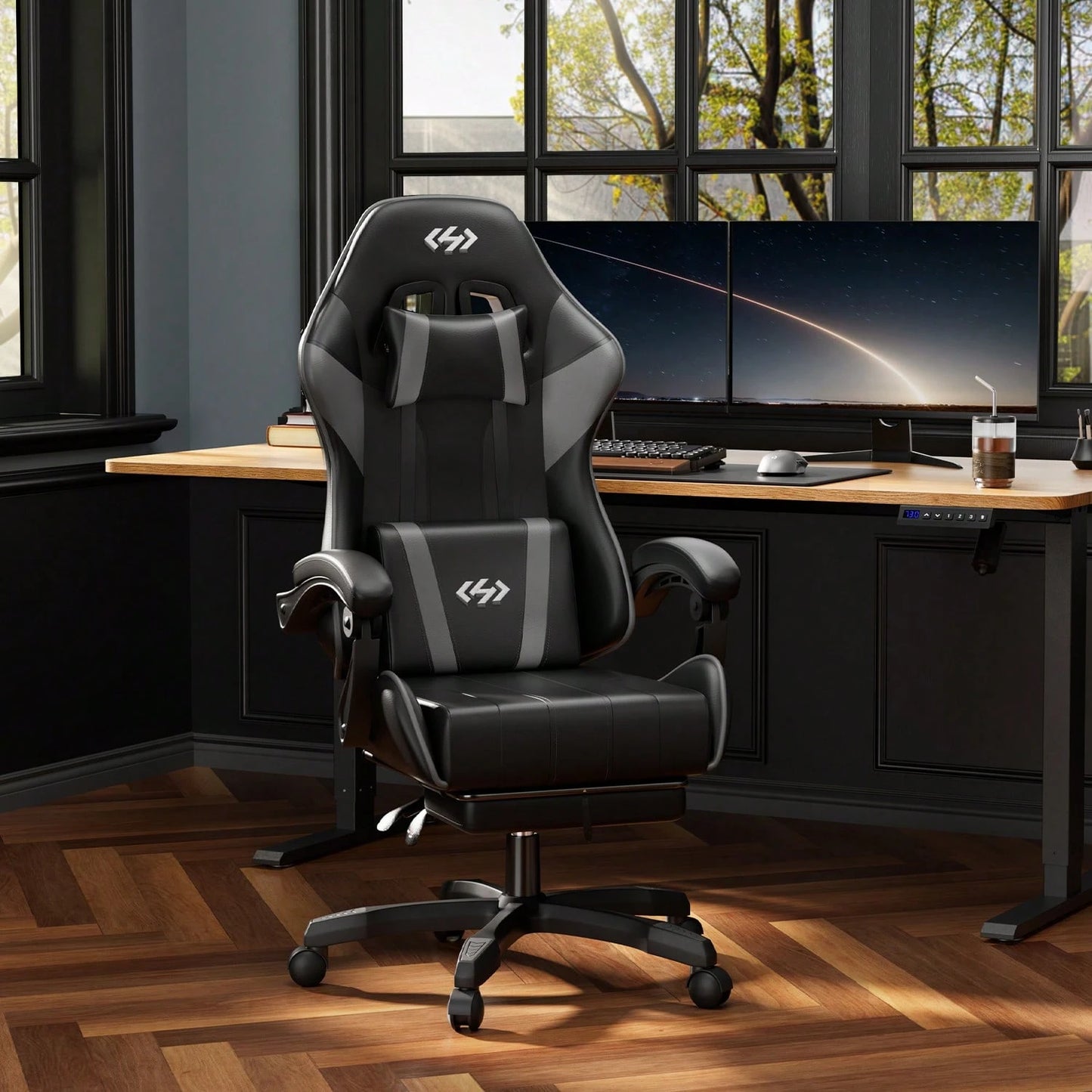 HLDIRECT Gaming Chair, Ergonomic Computer Office Chair With Lumbar Support Footrest Headrest, Adjustable Height & Backrest Angle Video Gamer Chair, PU Leather, 360° Swivel, Adult,Black And Gray