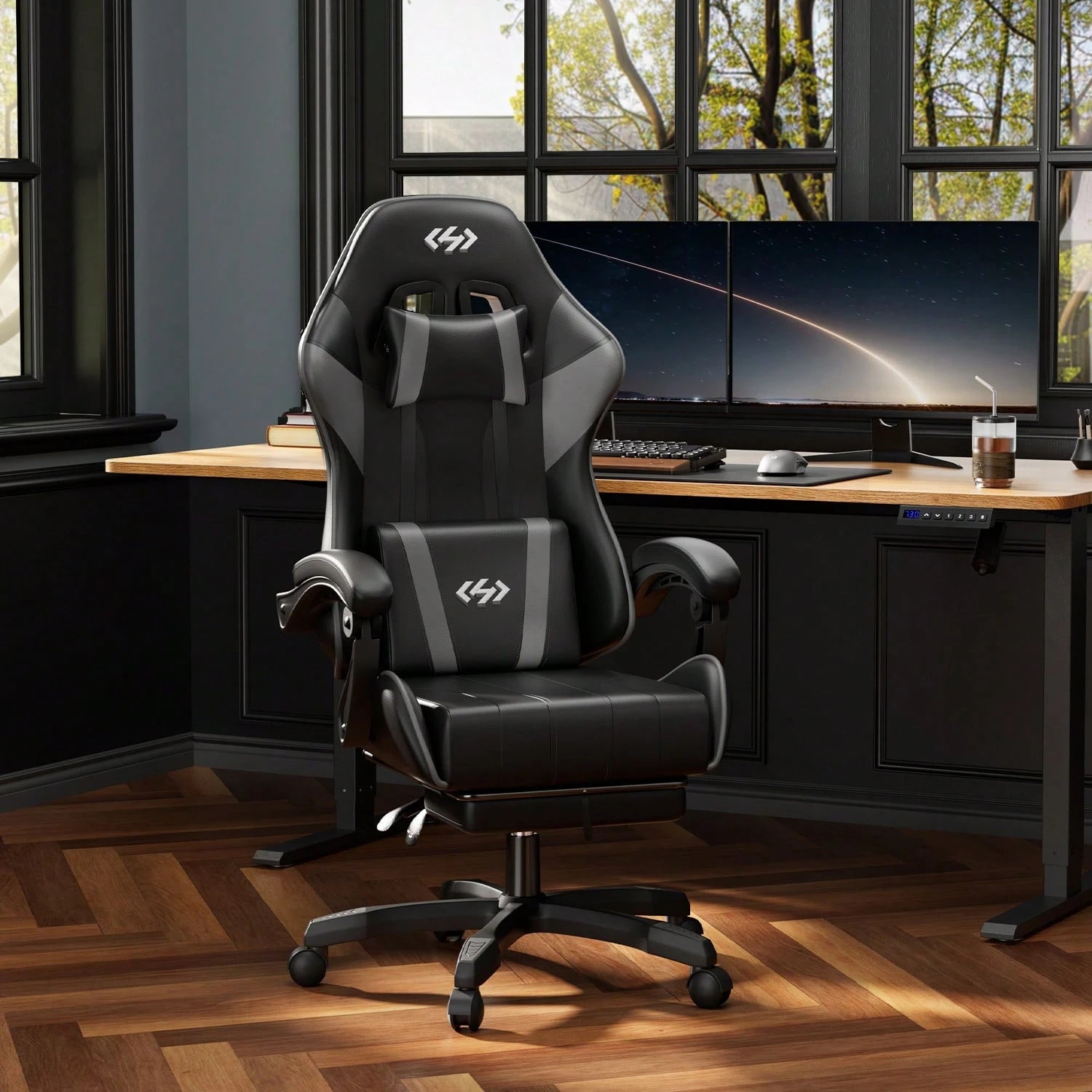 HLDIRECT Gaming Chair, Ergonomic Computer Office Chair With Lumbar Support Footrest Headrest, Adjustable Height & Backrest Angle Video Gamer Chair, PU Leather, 360° Swivel, Adult,Black And Gray
