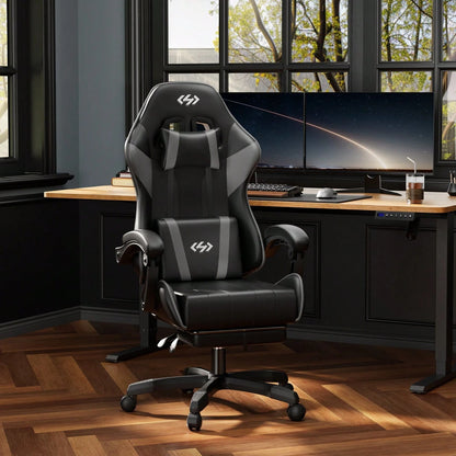 HLDIRECT Gaming Chair, Ergonomic Computer Office Chair With Lumbar Support Footrest Headrest, Adjustable Height & Backrest Angle Video Gamer Chair, PU Leather, 360° Swivel, Adult,Black And Gray