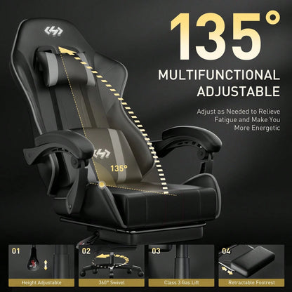 HLDIRECT Gaming Chair, Ergonomic Computer Office Chair With Lumbar Support Footrest Headrest, Adjustable Height & Backrest Angle Video Gamer Chair, PU Leather, 360° Swivel, Adult,Black And Gray