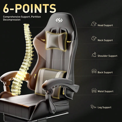 HLDIRECT Gaming Chair, Ergonomic Computer Office Chair With Lumbar Support Footrest Headrest, Adjustable Height & Backrest Angle Video Gamer Chair, PU Leather, 360° Swivel, Adult,Black And Gray