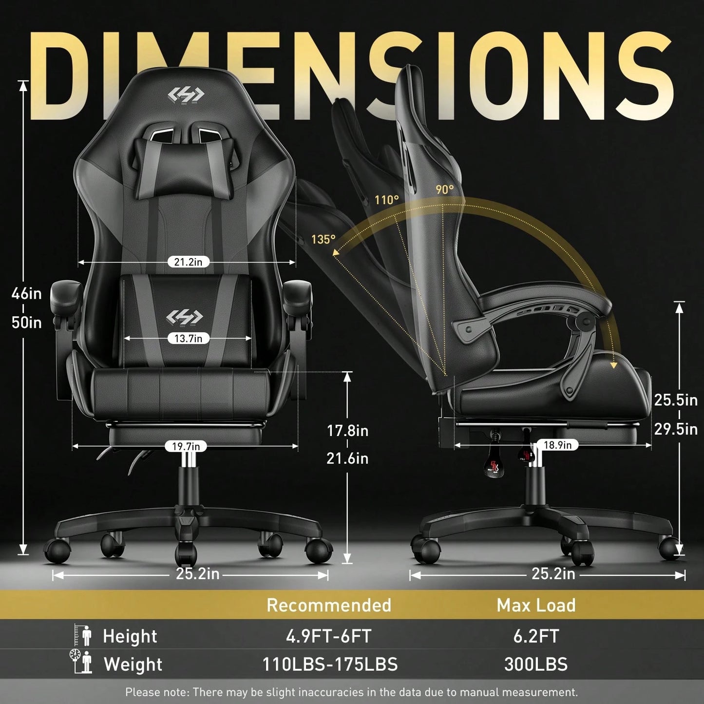 HLDIRECT Gaming Chair, Ergonomic Computer Office Chair With Lumbar Support Footrest Headrest, Adjustable Height & Backrest Angle Video Gamer Chair, PU Leather, 360° Swivel, Adult,Black And Gray