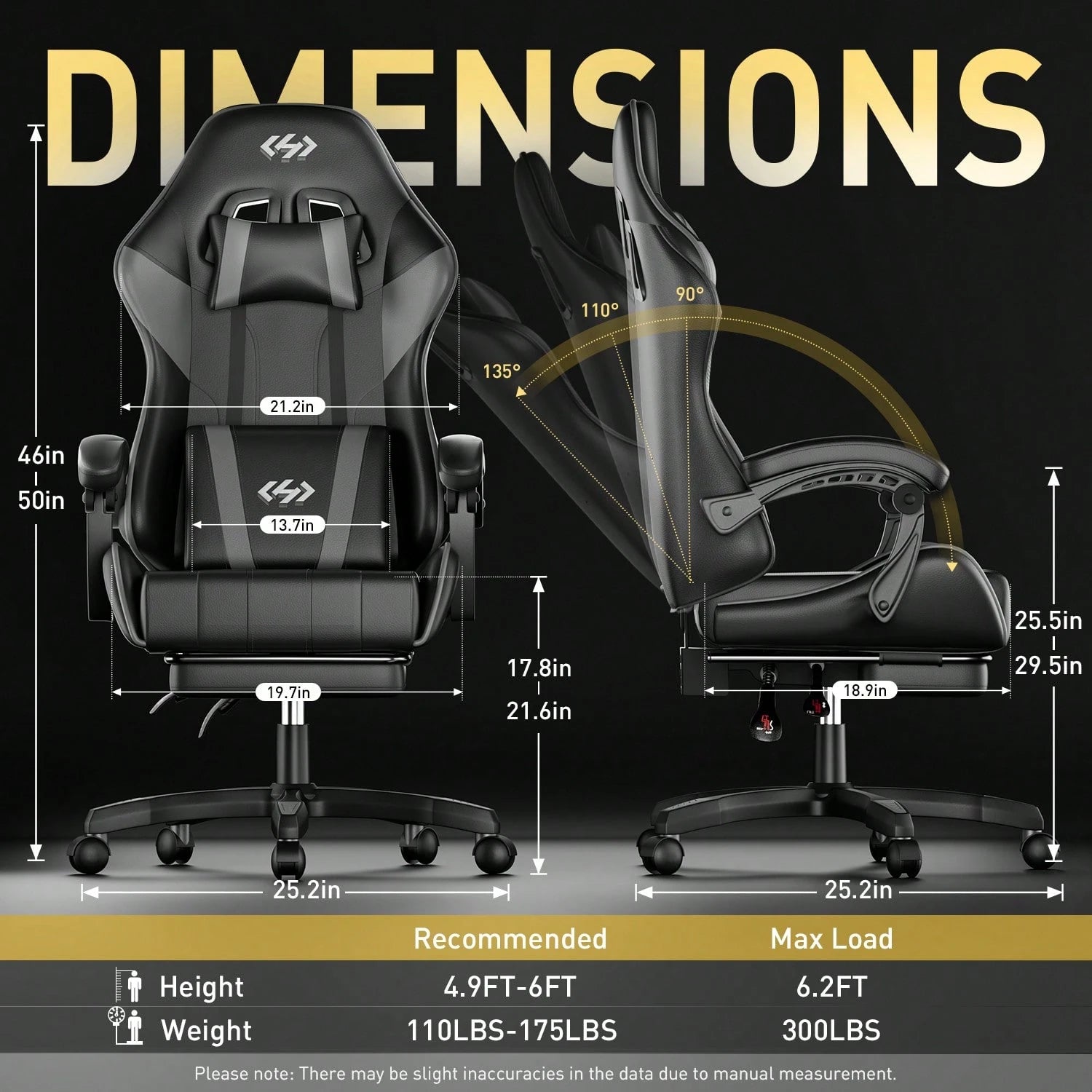 HLDIRECT Gaming Chair, Ergonomic Computer Office Chair With Lumbar Support Footrest Headrest, Adjustable Height & Backrest Angle Video Gamer Chair, PU Leather, 360° Swivel, Adult,Black And Gray