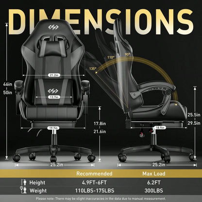HLDIRECT Gaming Chair, Ergonomic Computer Office Chair With Lumbar Support Footrest Headrest, Adjustable Height & Backrest Angle Video Gamer Chair, PU Leather, 360° Swivel, Adult,Black And Gray