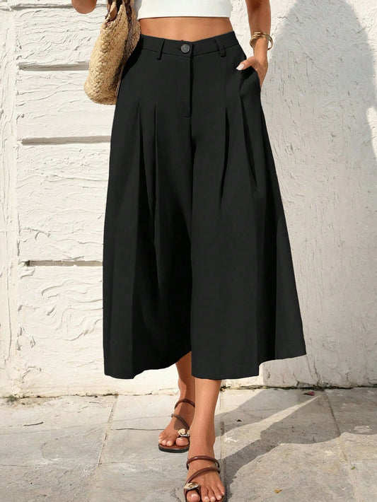Holidaya Women's Casual Linen Capri Pants, Suitable For Leisure, Beach, And Home Wear Pleated Wide Leg Pants Culottes For Women
