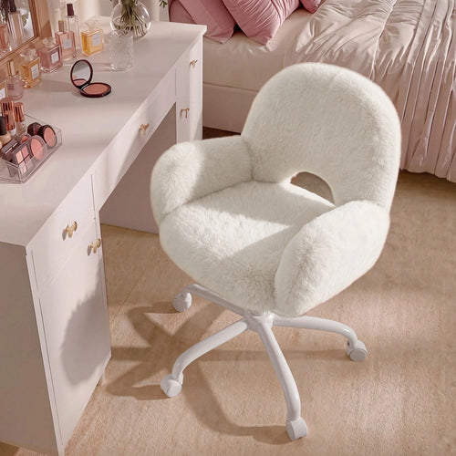 Home Office Desk Chairs With Arms, Faux Rabbit Vanity Swivel Chair With Wheels & Round Hollow Back Height Adjustable, For Bedroom, Make-Up Room, White