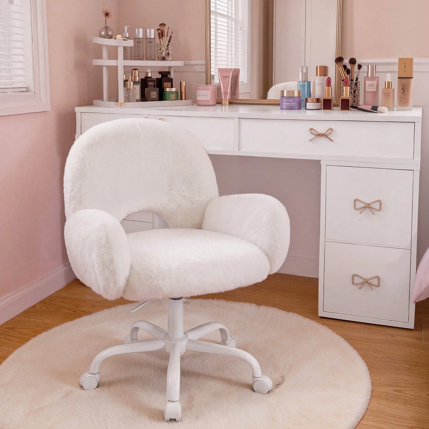 Home Office Desk Chairs With Arms, Faux Rabbit Vanity Swivel Chair With Wheels & Round Hollow Back Height Adjustable, For Bedroom, Make-Up Room, White