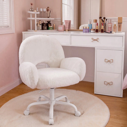 Home Office Desk Chairs With Arms, Faux Rabbit Vanity Swivel Chair With Wheels & Round Hollow Back Height Adjustable, For Bedroom, Make-Up Room, White
