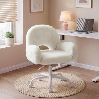 Home Office Desk Chairs With Arms, Faux Rabbit Vanity Swivel Chair With Wheels & Round Hollow Back Height Adjustable, For Bedroom, Make-Up Room, White