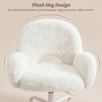Home Office Desk Chairs With Arms, Faux Rabbit Vanity Swivel Chair With Wheels & Round Hollow Back Height Adjustable, For Bedroom, Make-Up Room, White
