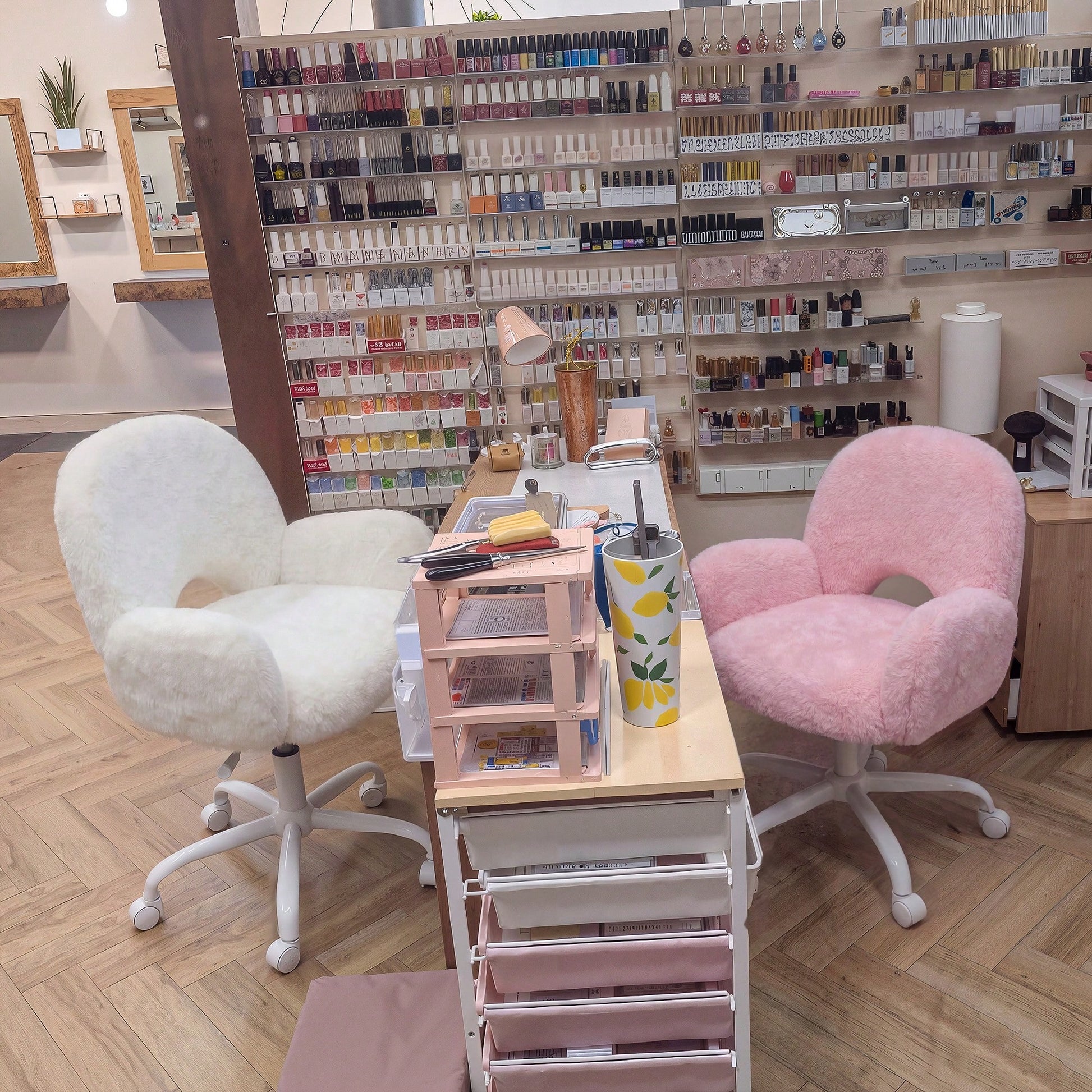 Home Office Desk Chairs With Arms, Faux Rabbit Vanity Swivel Chair With Wheels & Round Hollow Back Height Adjustable, For Bedroom, Make-Up Room, White