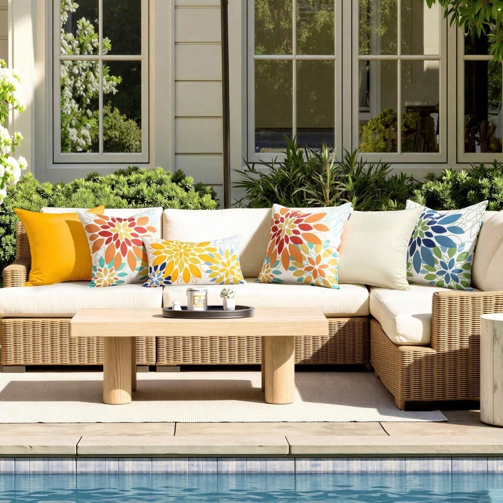 HOMPOOLL 2Pcs Floral Outdoor Pillow Covers Waterproof Spring Throw Pillow Cases Yellow Blue 18x18 Inch Decorative Summer Cushion Covers For Patio Furniture Garden Bench Porch Sofa