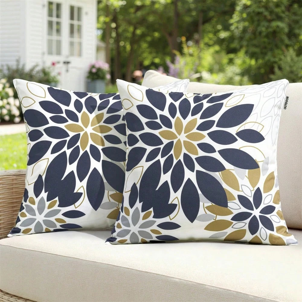 HOMPOOLL 2Pcs Floral Outdoor Pillow Covers Waterproof Spring Throw Pillow Cases Yellow Blue 18x18 Inch Decorative Summer Cushion Covers For Patio Furniture Garden Bench Porch Sofa