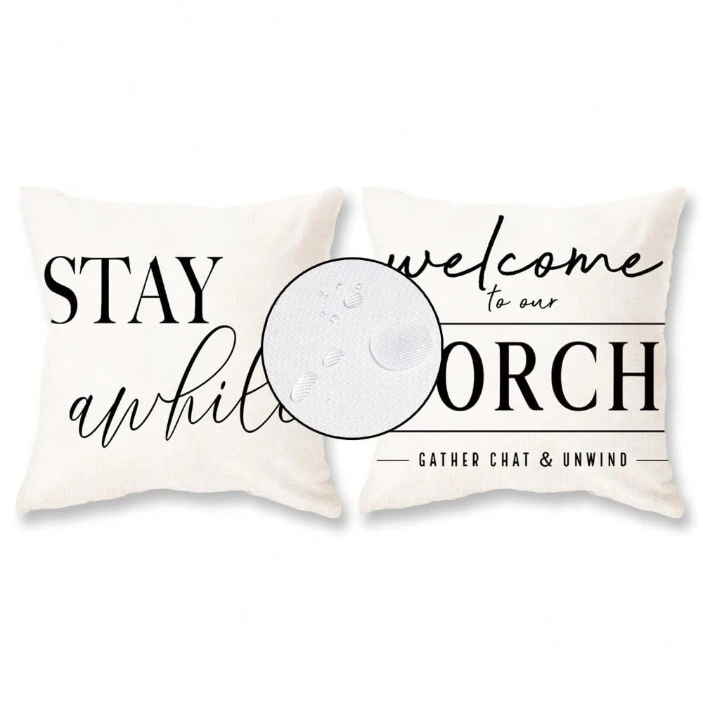 HOMPOOLL 2Pcs Outdoor Pillow Covers Waterproof,12x20Inch, Black And White Decorative Welcome To Our Porch Stay Awhile Cushion Cases For Patio Furniture Sofa Couch Decor
