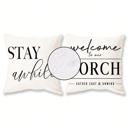 HOMPOOLL 2Pcs Outdoor Pillow Covers Waterproof,12x20Inch, Black And White Decorative Welcome To Our Porch Stay Awhile Cushion Cases For Patio Furniture Sofa Couch Decor