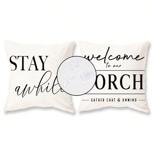 HOMPOOLL 2Pcs Outdoor Pillow Covers Waterproof,12x20Inch, Black And White Decorative Welcome To Our Porch Stay Awhile Cushion Cases For Patio Furniture Sofa Couch Decor