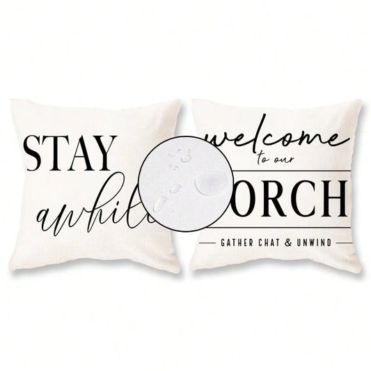HOMPOOLL 2Pcs Outdoor Pillow Covers Waterproof,12x20Inch, Black And White Decorative Welcome To Our Porch Stay Awhile Cushion Cases For Patio Furniture Sofa Couch Decor