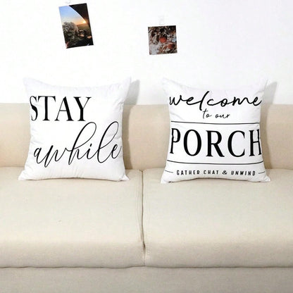HOMPOOLL 2Pcs Outdoor Pillow Covers Waterproof,12x20Inch, Black And White Decorative Welcome To Our Porch Stay Awhile Cushion Cases For Patio Furniture Sofa Couch Decor