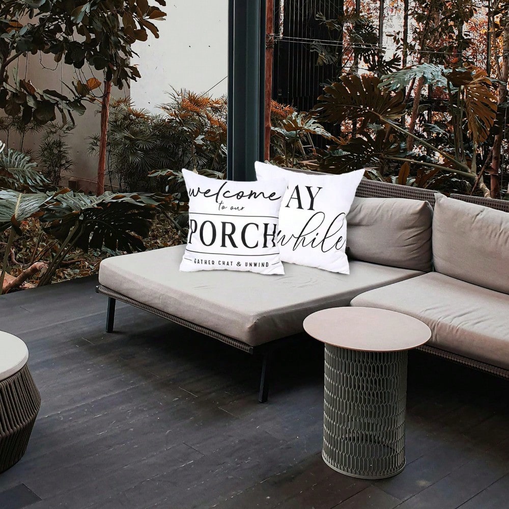 HOMPOOLL 2Pcs Outdoor Pillow Covers Waterproof,12x20Inch, Black And White Decorative Welcome To Our Porch Stay Awhile Cushion Cases For Patio Furniture Sofa Couch Decor