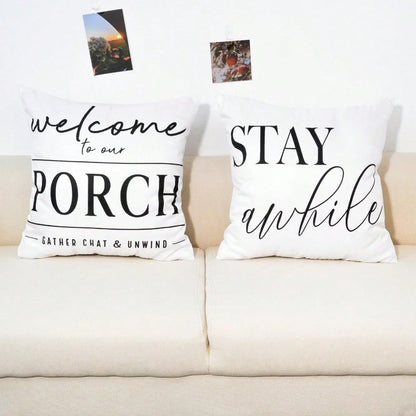 HOMPOOLL 2Pcs Outdoor Pillow Covers Waterproof,12x20Inch, Black And White Decorative Welcome To Our Porch Stay Awhile Cushion Cases For Patio Furniture Sofa Couch Decor