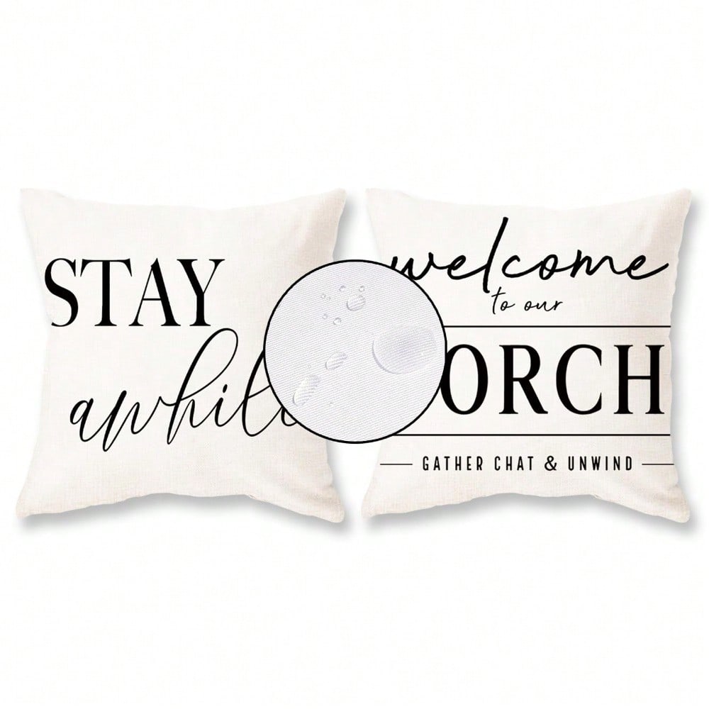 HOMPOOLL 2Pcs Outdoor Pillow Covers Waterproof,12x20Inch, Black And White Decorative Welcome To Our Porch Stay Awhile Cushion Cases For Patio Furniture Sofa Couch Decor