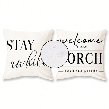 HOMPOOLL 2Pcs Outdoor Pillow Covers Waterproof,12x20Inch, Black And White Decorative Welcome To Our Porch Stay Awhile Cushion Cases For Patio Furniture Sofa Couch Decor