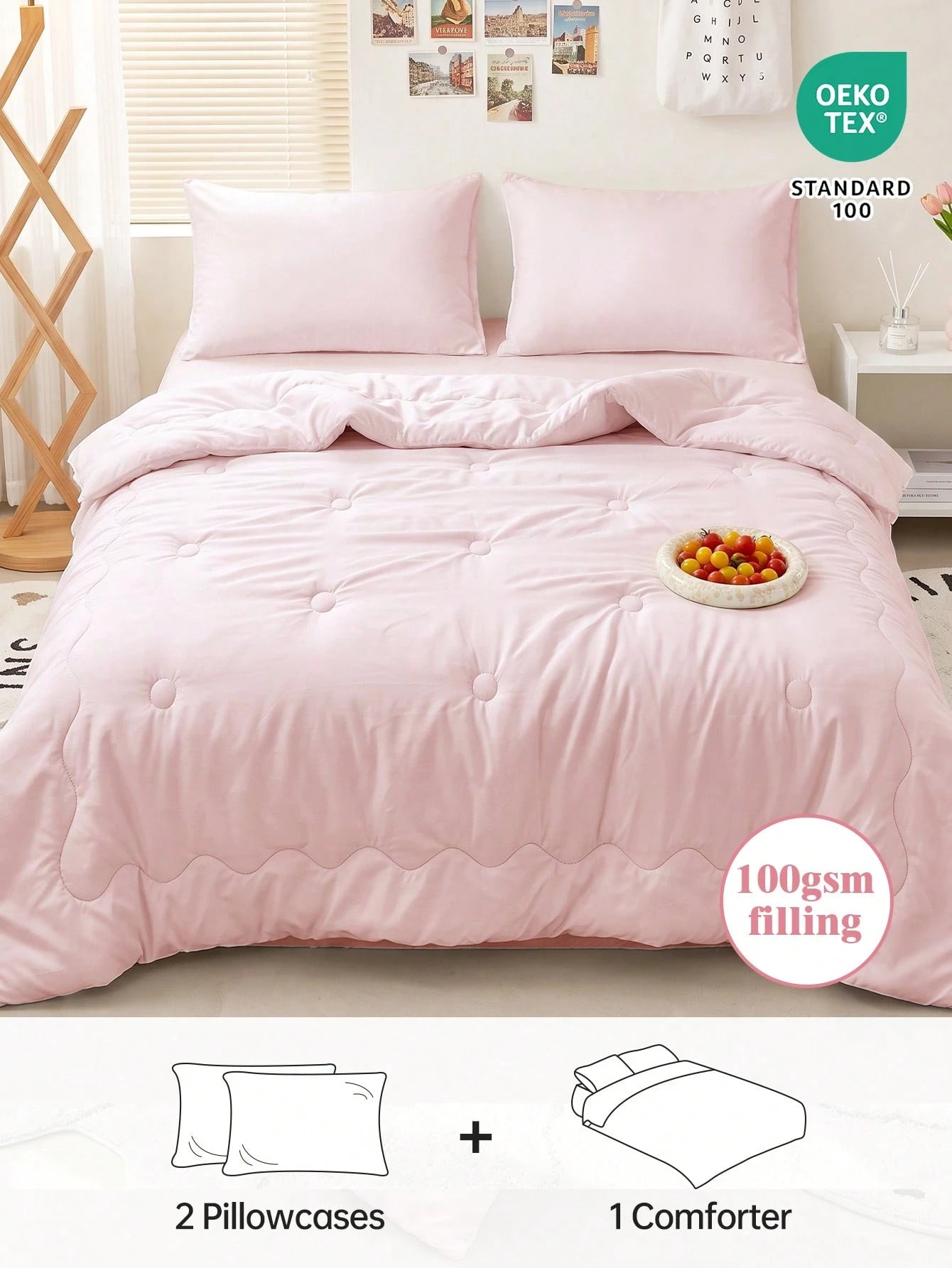 HONEYMOON 2/3pcs Wavy Quilted Comforter Set (Summer Thin Quilt) (2pcs=1 Comforter+1 Pillowcase; 3pcs=1 Comforter+2 Pillowcases)- 100% Polyester Fabric With Grid Stitching, Lightweight & Cool, Soft &