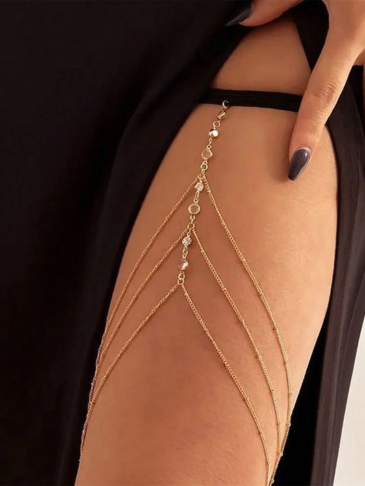 HOTNICE Sexy Women's Rhinestone Thigh Chain Elegant Layered Gold Bohemian Leg Accessories Fashionable Body Beach Jewelry