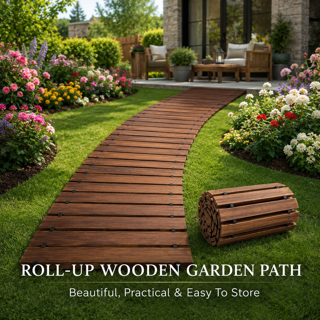 HOWSENTRIP Roll-Up Wooden Garden Pathway, Outdoor Wood Walkway For Grass, Gravel, Sand & Patio, Portable Garden Boardwalk For Yard Decor