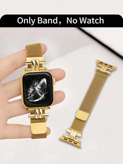 Huastonband 1pc Fashion Stainless Steel Metal Gold Color Band Compatible With Apple Watch Band, Watch SE S11 S10 S9 S8 S7 S6 S5 S4 S3 S2 S1, Premium Magnetic Adjustable Band, 38mm 40mm 41mm 42mm 44mm